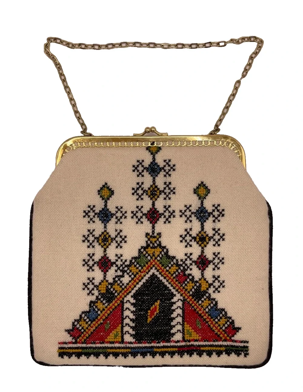 Vintage Needlepoint Purse 1980s w/Gold Kisslock Latch & Chain Pre-owned